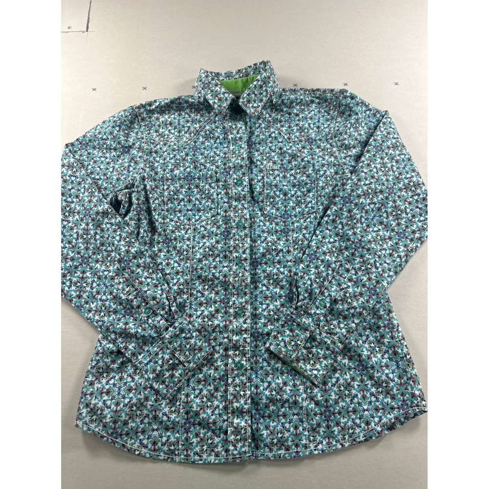 Cruel Womens Western Button Down Shirt Teal Geometric Print Embroidered Back M
